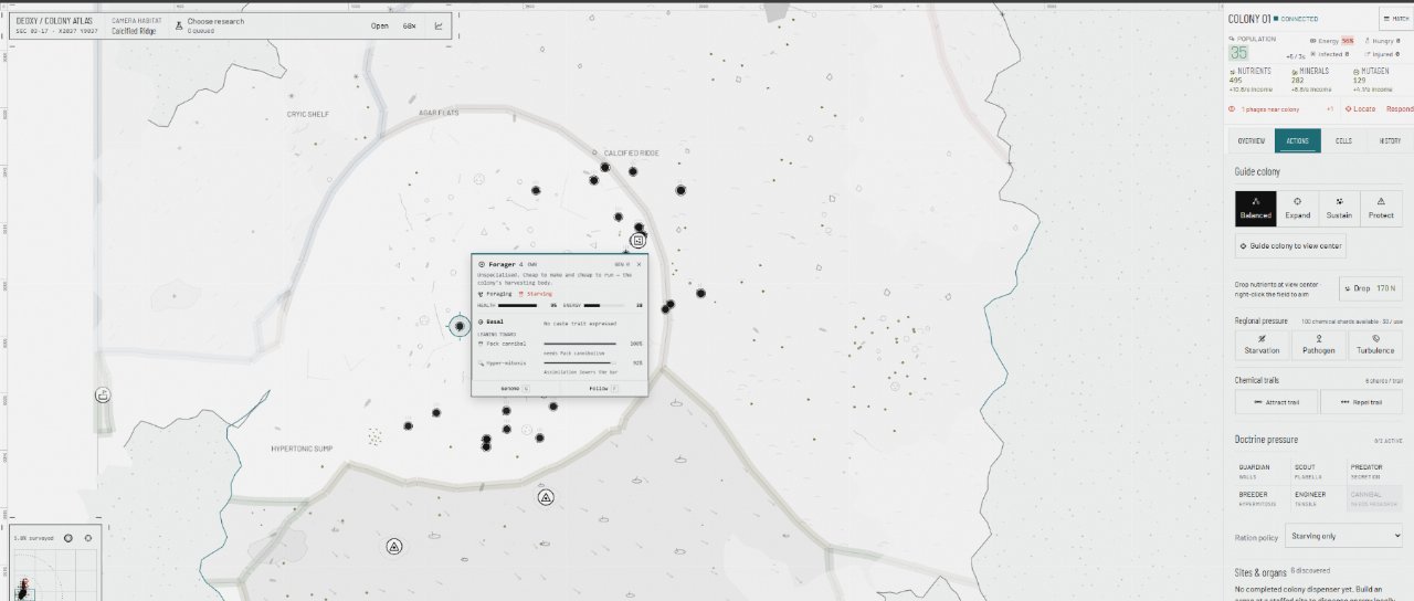 Deoxy colony atlas showing a cellular colony, terrain, and colony management controls.