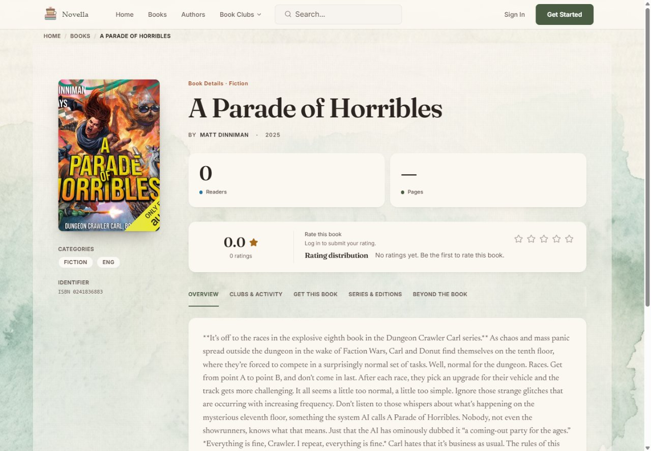 Novella book detail page with cover art, author information, ratings, and reading activity tabs.