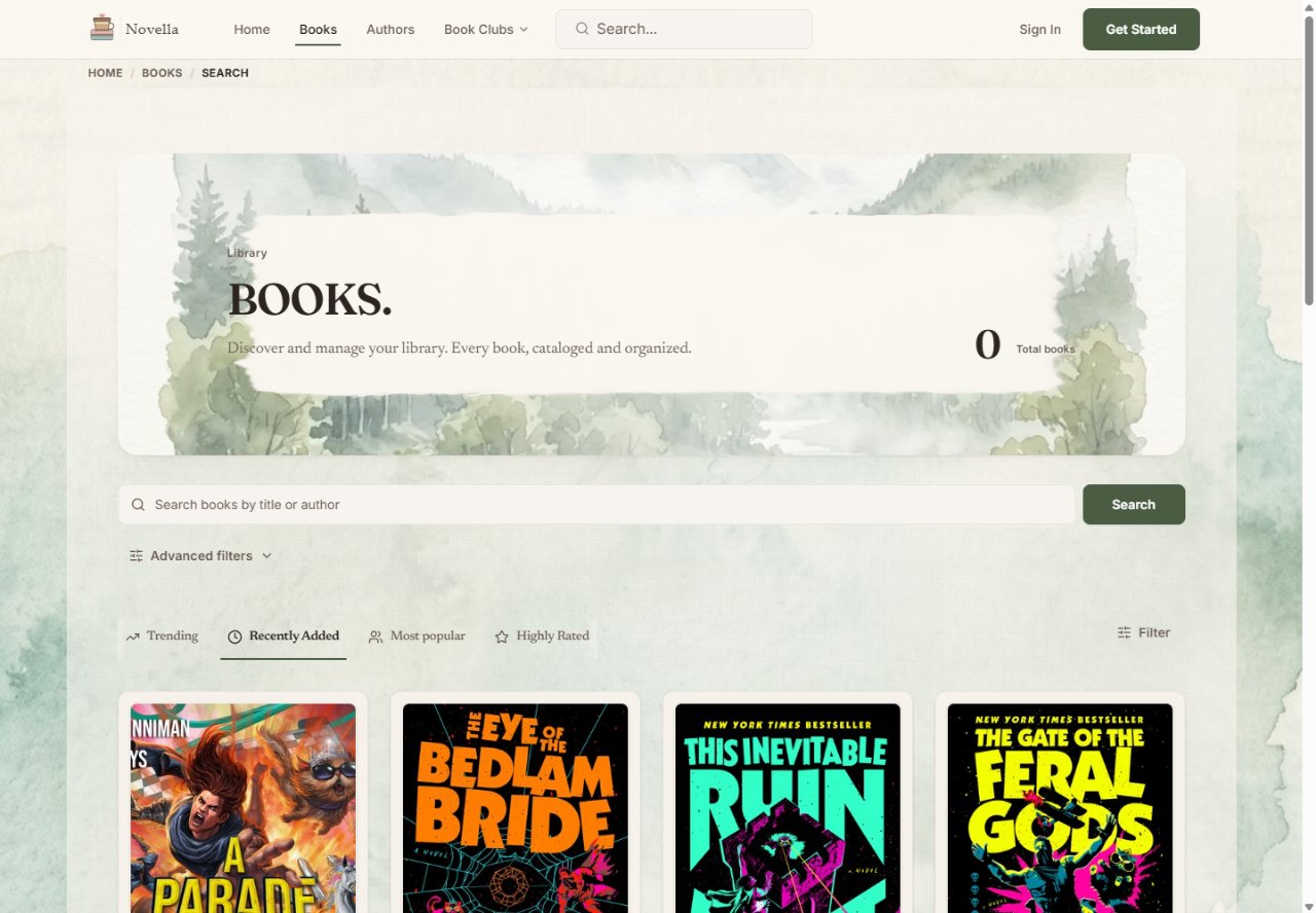 Novella book library with search, filters, and book covers.
