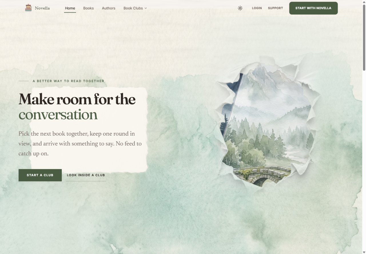 Novella website introducing collaborative book selection and reading circles.