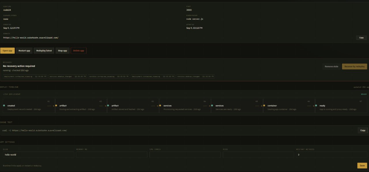 A close-up of runtime settings, recovery controls, and deployment timeline in Substrate.