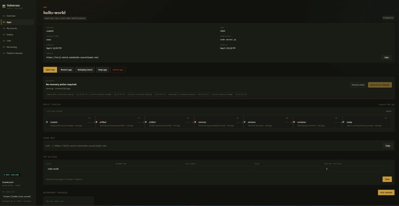 Substrate application detail showing runtime settings, recovery status, and a deployment timeline.